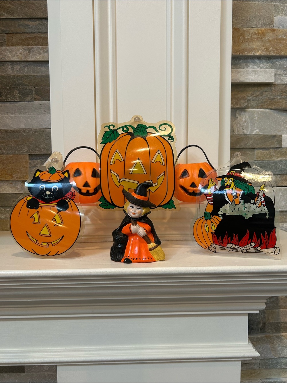 Vintage Collection of Ceramic Witch, Window Hanger & Mini Pumpkin Jack-O-Lantern